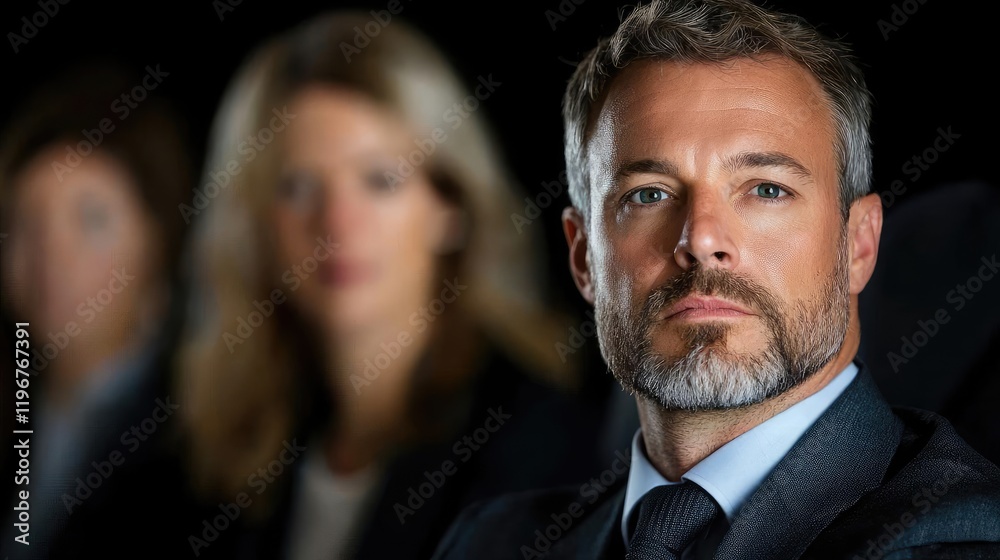 Confident businessman leading a team, serious expression, dark background, corporate leadership Confident businessman leading a team, serious expression, dark background, corporate leadership