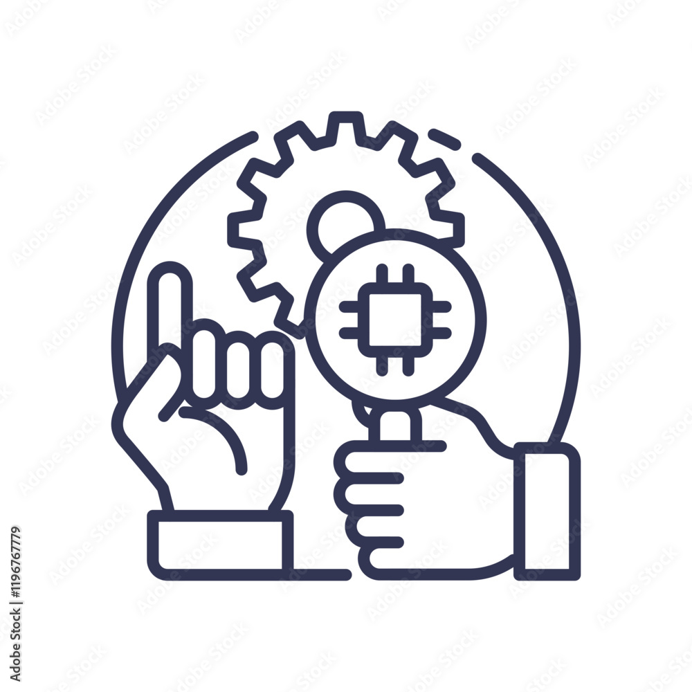Hands holding a magnifying glass with a microchip and a gear, symbolizing AI exploration and innovation. Hands holding a magnifying glass with a microchip and a gear, symbolizing AI exploration and innovation.