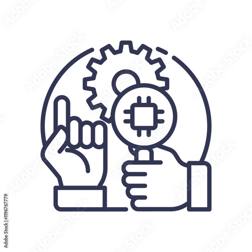 Hands holding a magnifying glass with a microchip and a gear, symbolizing AI exploration and innovation.