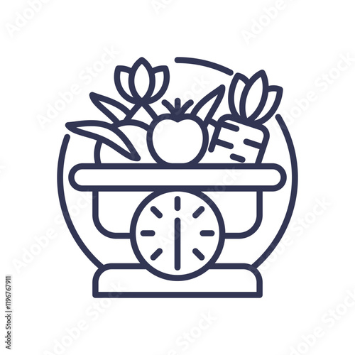 A scale with fruits and vegetables symbolizes balanced nutrition and healthy proportions.