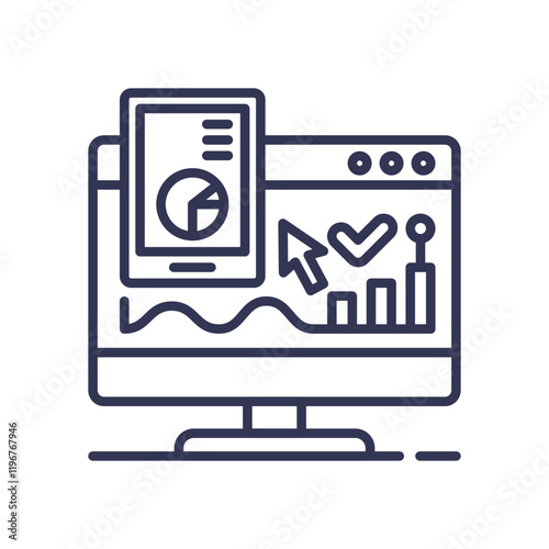 Illustration of data analytics and control with graphs and charts on a computer screen.