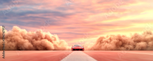 A stunning sports car speeding down a deserted road at sunset with vibrant clouds. photo