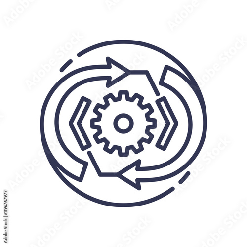 Gear and arrows symbolize continuous integration and delivery cycle.