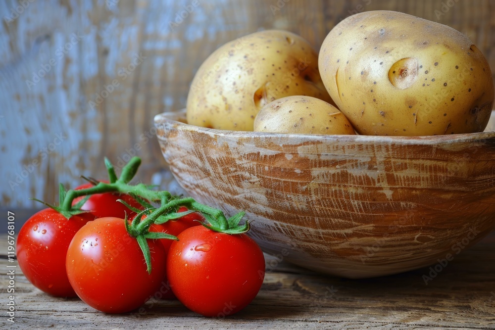 Potatoes in a wooden bowl and vine tomatoes on a rustic wooden table create a still life celebrating simple, fresh ingredients Potatoes in a wooden bowl and vine tomatoes on a rustic wooden table create a still life celebrating simple, fresh ingredients
