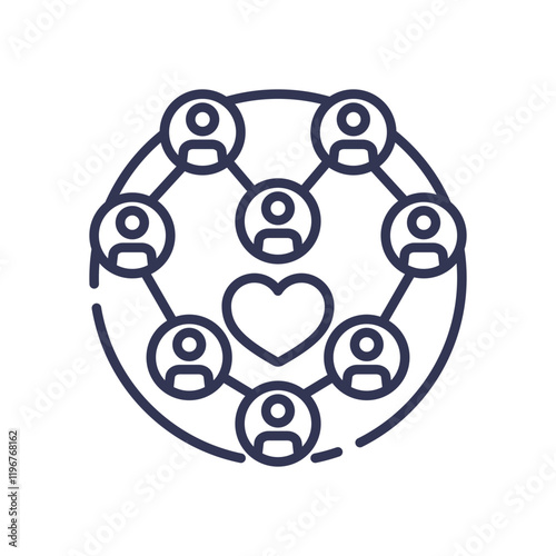 Network of people icons with a heart symbolizes customer sentiment and community connection.