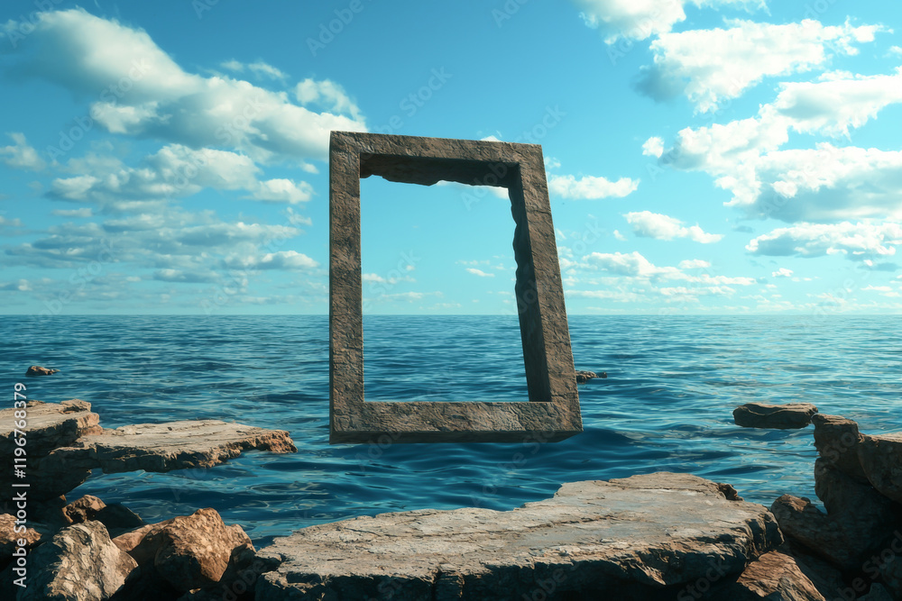 A surreal scene featuring a frame floating above calm ocean waters under a blue sky. A surreal scene featuring a frame floating above calm ocean waters under a blue sky.