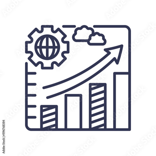 Graph with upward arrow, gear, and globe symbolizes efficiency and growth.