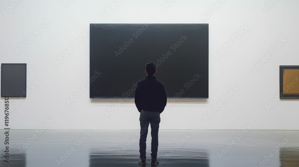 Obraz premium Person views artwork; minimalist gallery setting.