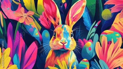 Colorful rabbit surrounded by flowers and plants, set against a vivid backdrop