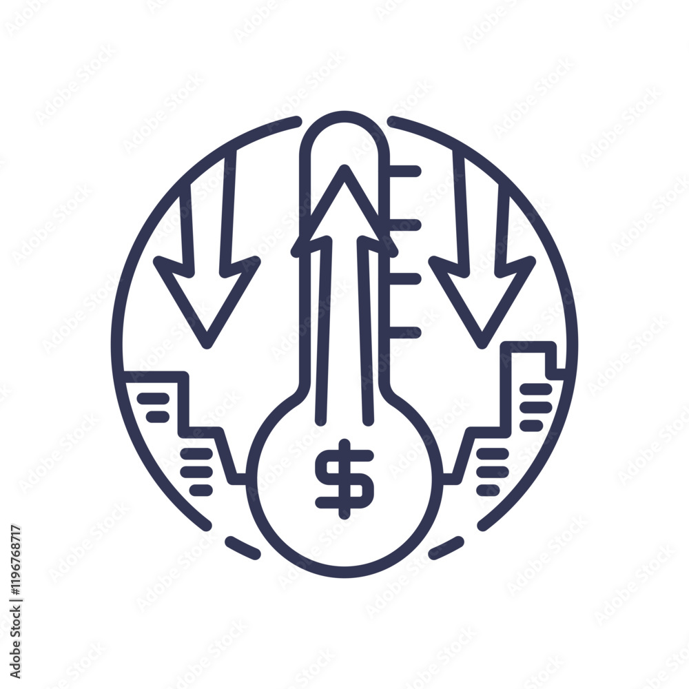 Thermometer with dollar sign and arrows symbolizes inflation regulation. Thermometer with dollar sign and arrows symbolizes inflation regulation.