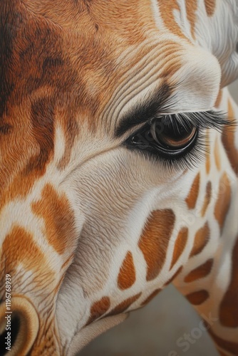 A close-up of a giraffe's head with its long eyelashes and soft expression photo