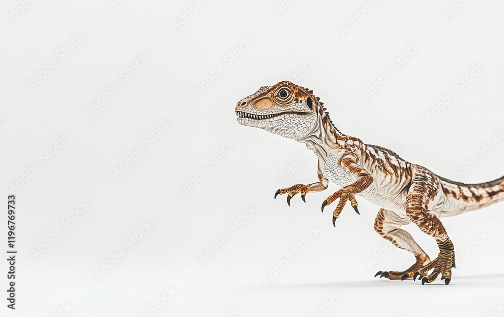 Fototapeta premium A fierce Velociraptor in a dynamic pose, ready to pounce, captured with sharp details on a clean white backdrop