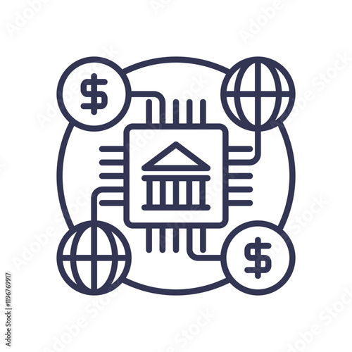 Digital finance ecosystem with global connectivity and financial integration.