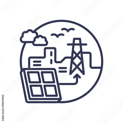 Illustration of solar panels and power grid integration, symbolizing renewable energy connection.