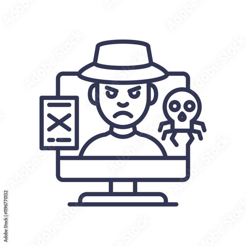 Hacker with malicious intent on computer screen, virus symbol.
