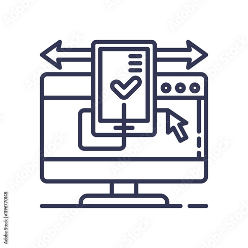 Illustration of mobile and desktop compatibility with arrows and checkmark.