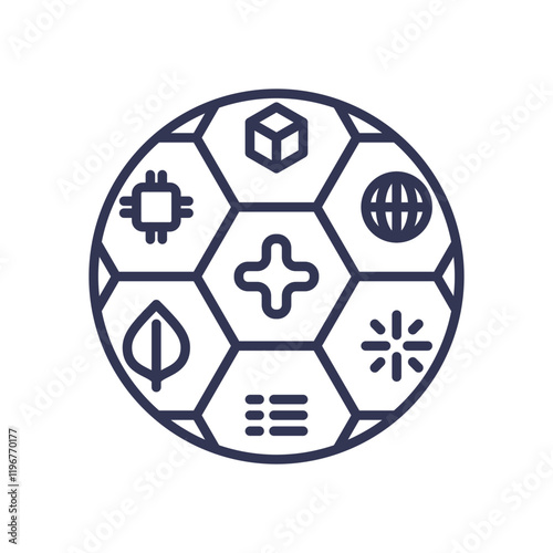 Hexagonal icons symbolize modularity, technology, and sustainability.