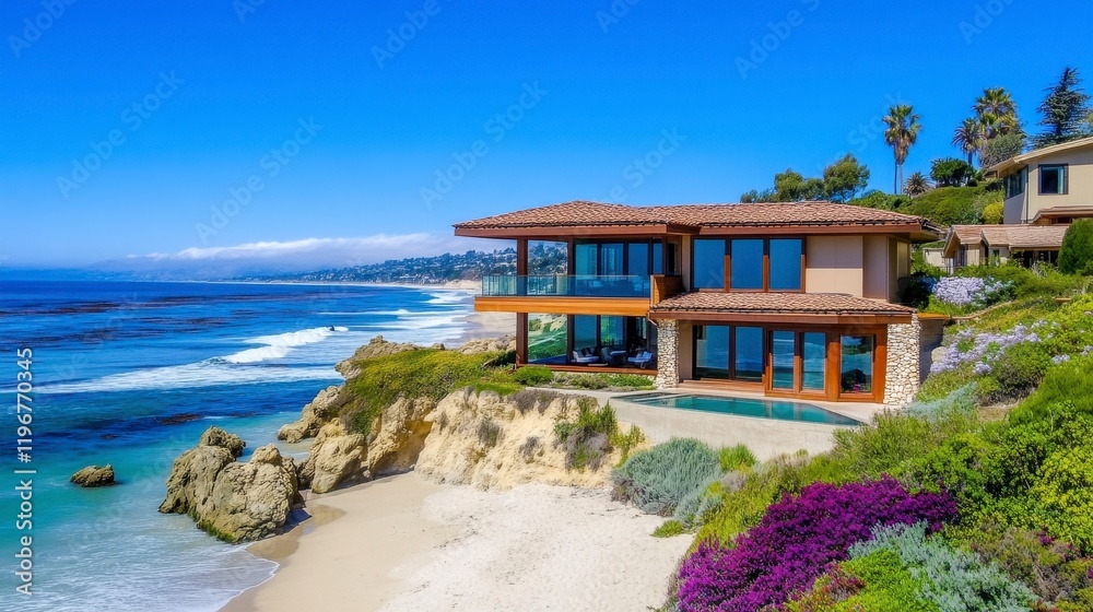Obraz premium Modern Coastal Home Overlooking Ocean Waves and Scenic Shoreline