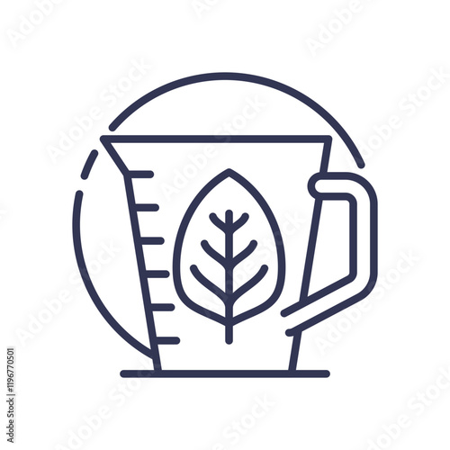 Measuring cup with leaf symbolizes precision in natural ingredient measurement.