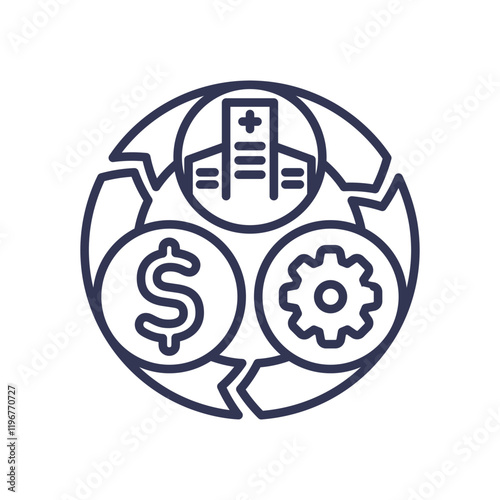 Cycle with hospital, dollar, and gear icons symbolizes Revenue Cycle Management.