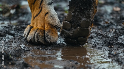 A close-up of tiger paws walking through muddy terrain