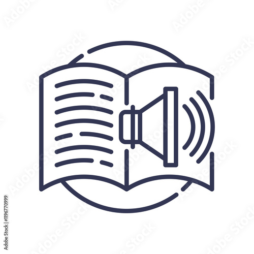 An open book with a speaker icon symbolizes audio books and spoken descriptions.