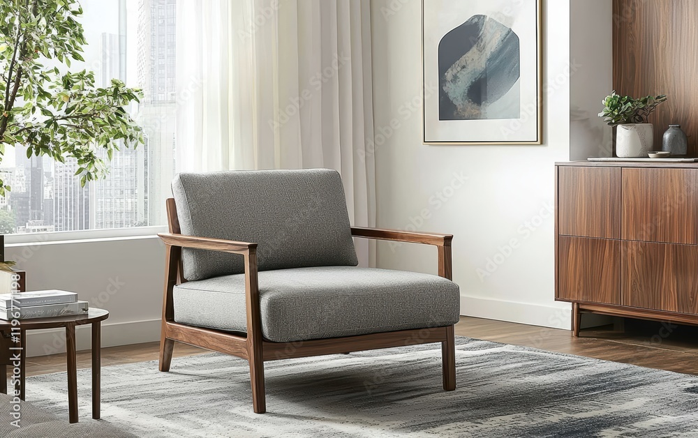 Fototapeta premium A mid-century modern armchair with a sleek wooden frame and soft grey upholstery, placed in a minimalist living room