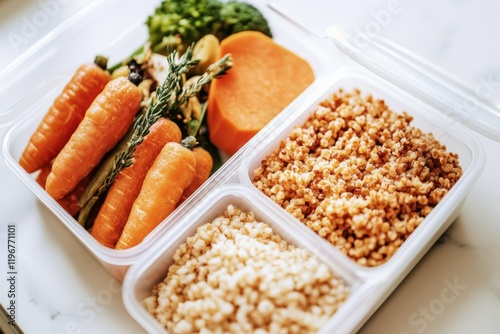 Minimalist Bento Boxes: A clean, compartmentalized bento box with seasonal vegetables, grains, and protein, shot overhead with a stark white background.  photo