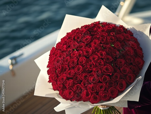 Surprising Your Loved One with a Luxurious Bouquet of Vibrant Red Roses for Valentine's Day Romantic Boat Setting Floral Arrangement