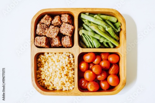 Minimalist Bento Boxes: A clean, compartmentalized bento box with seasonal vegetables, grains, and protein, shot overhead with a stark white background.  photo