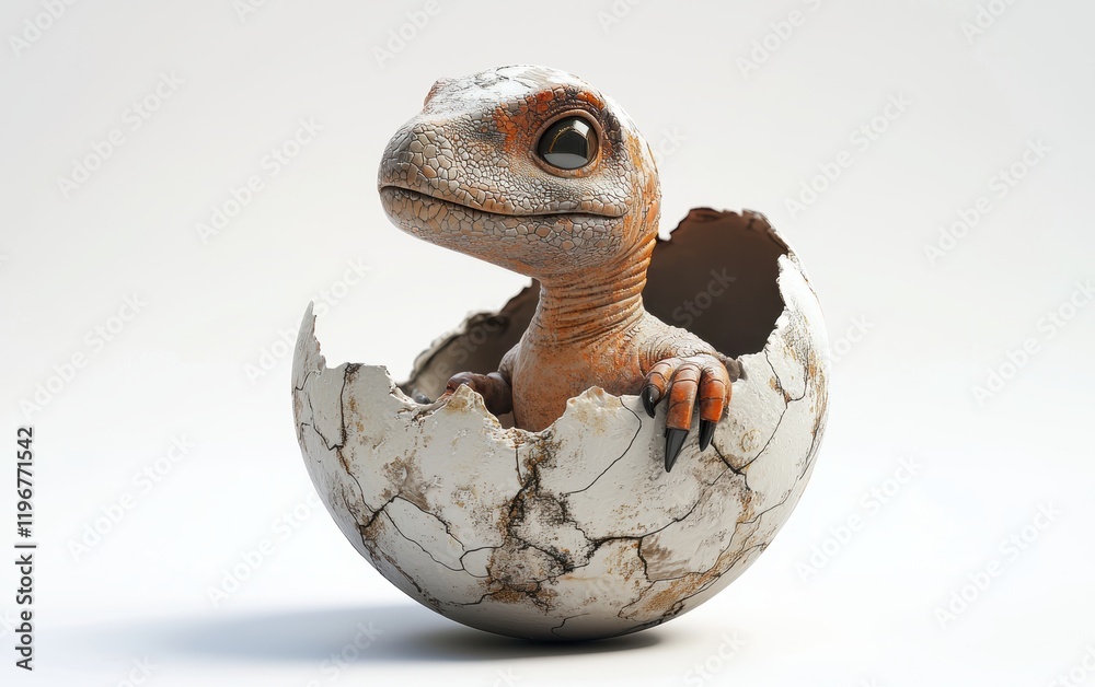 A playful baby dinosaur hatching from an egg, with cracks and textures, set on a clean white background A playful baby dinosaur hatching from an egg, with cracks and textures, set on a clean white background