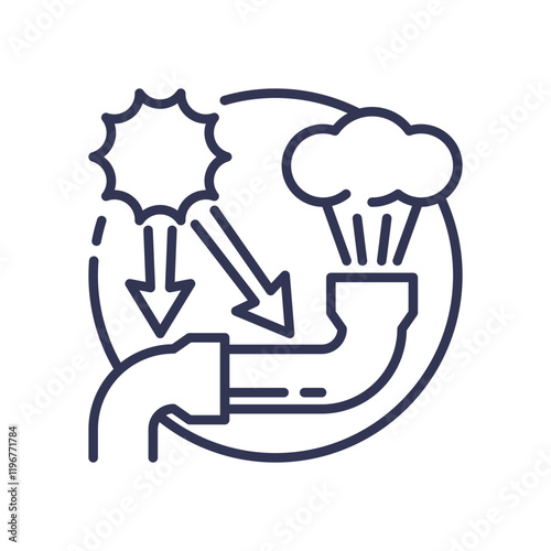 Illustration of heat transfer with sun, pipes, and steam.