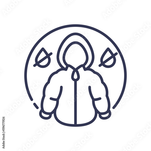 Icon of a hooded jacket with water droplets, symbolizing water-resistant clothing.