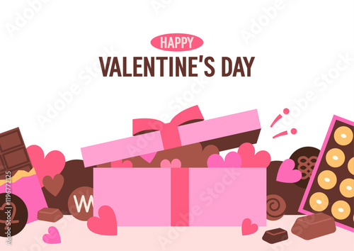 Happy Valentine's Day romantic illustration poster. A pink box full of chocolate dessert. Flat style vector template. 