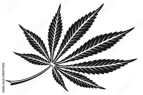 Cannabis leaf silhouette, black and white contrast, detailed botanical illustration, symmetrical design, iconic marijuana symbol, sharp serrated edges, vector graphic style, minimalist art, high contr