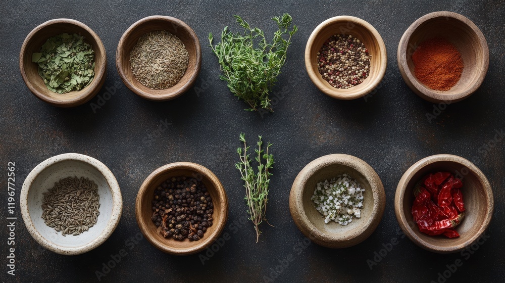 A collection of spices and herbs displayed in small bowls A collection of spices and herbs displayed in small bowls