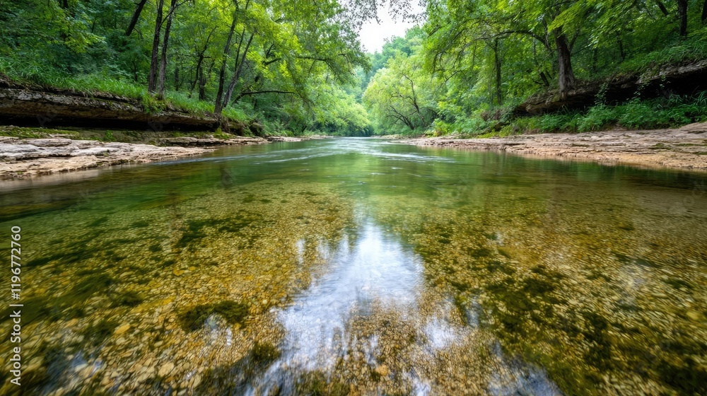 Fototapeta premium Crystal-clear river flowing through lush green forest; serene nature scene for travel brochures