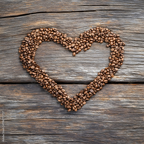 Heart shape formed by coffee beans on a wooden table