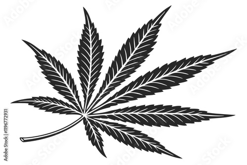 Cannabis leaf silhouette, black and white contrast, detailed botanical illustration, symmetrical design, iconic marijuana symbol, sharp serrated edges, vector graphic style, minimalist art, high contr