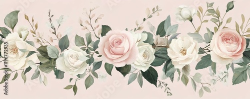 Wallpaper Mural Beautiful floral arrangement with pastel roses and greenery on soft pink background Torontodigital.ca
