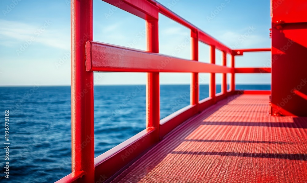 close look at structural beams and safety railings on vibrant red platform overlooking ocean, showcasing industrial design and safety features close look at structural beams and safety railings on vibrant red platform overlooking ocean, showcasing industrial design and safety features