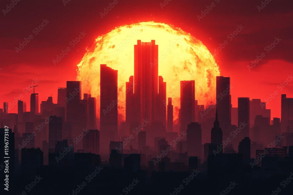 Naklejka premium Stunning skyline at sunset with a vivid orange sun illuminating towering skyscrapers.