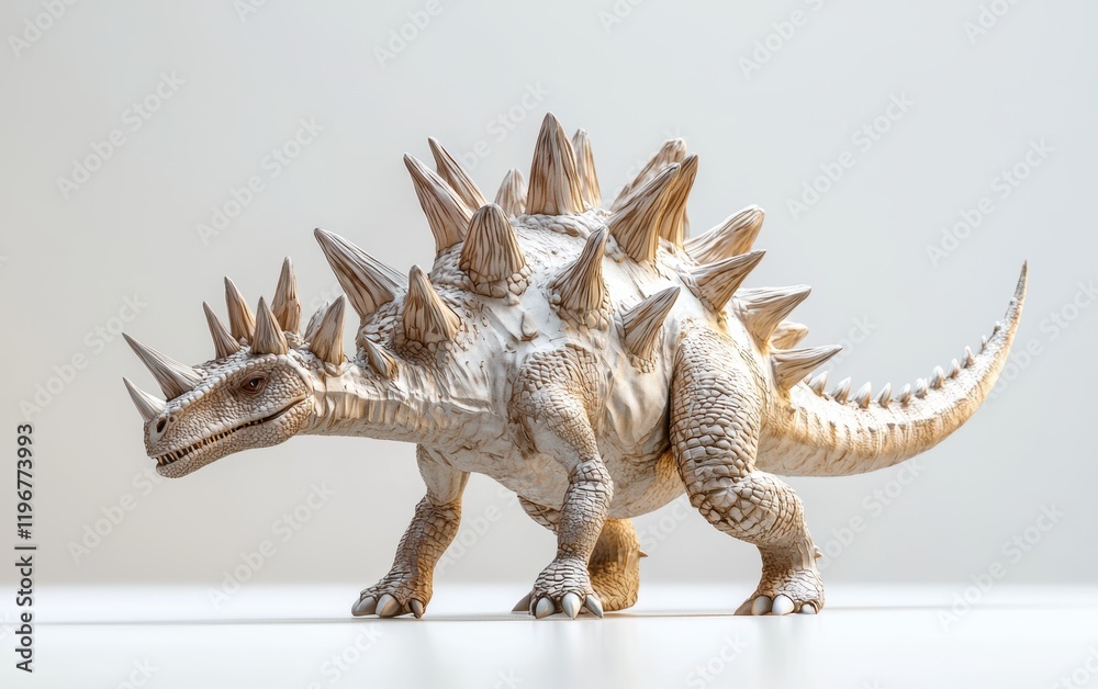 Fototapeta premium A Stegosaurus with detailed plates and tail spikes, standing calmly on a minimalistic white surface