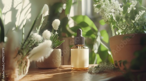 A collection of natural aroma oils in glass bottles with dropper, nestled among houseplants for a soothing and calming ambiance. photo