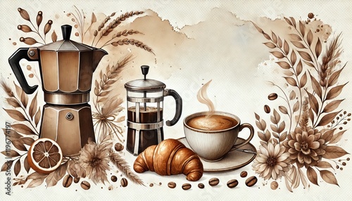 Rustic Coffee Setup with Croissant..
