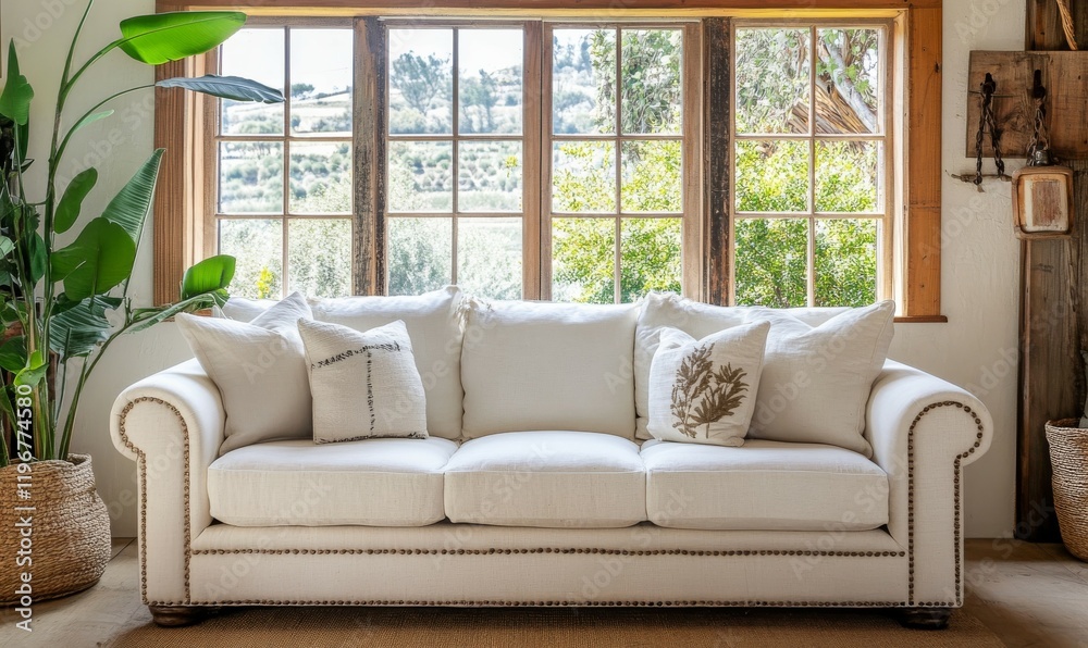 Fototapeta premium Close up of white sofas against window. Farmhouse country boho interior design of modern living room, home.