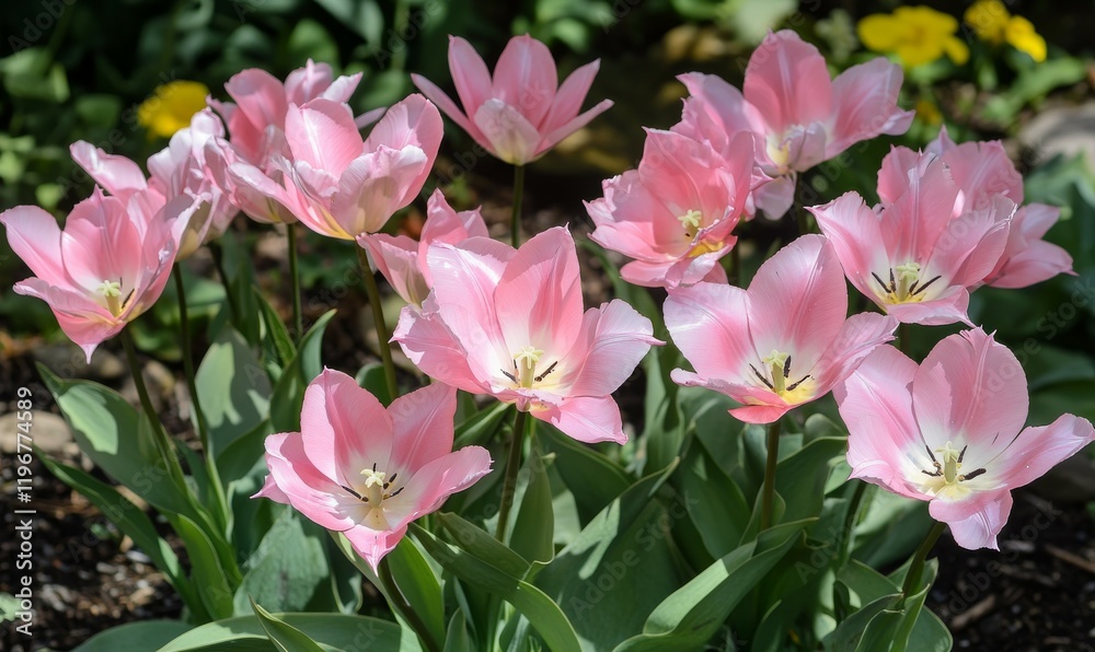 Beautiful pink tulips blooming in a sunny garden during spring season Beautiful pink tulips blooming in a sunny garden during spring season