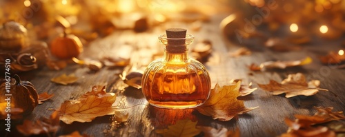 Autumnal display of spiced pumpkin essence with decorative leaves and warm lighting