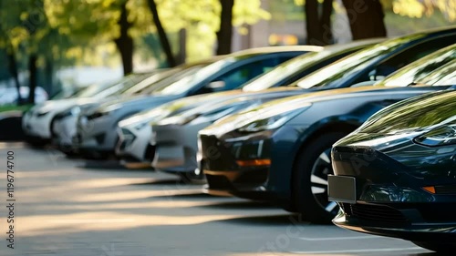A row of sleek, modern electric vehicles, likely Teslas, are parked in a neat row on a city street