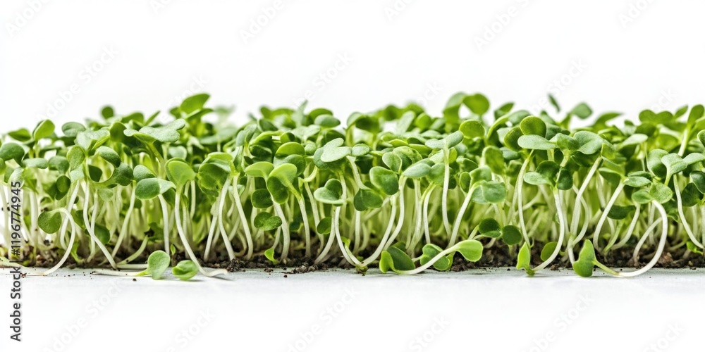 Fototapeta premium Row of green sprouts are growing on a white background. The sprouts are small and appear to be in the process of growing. Concept of growth and new beginnings